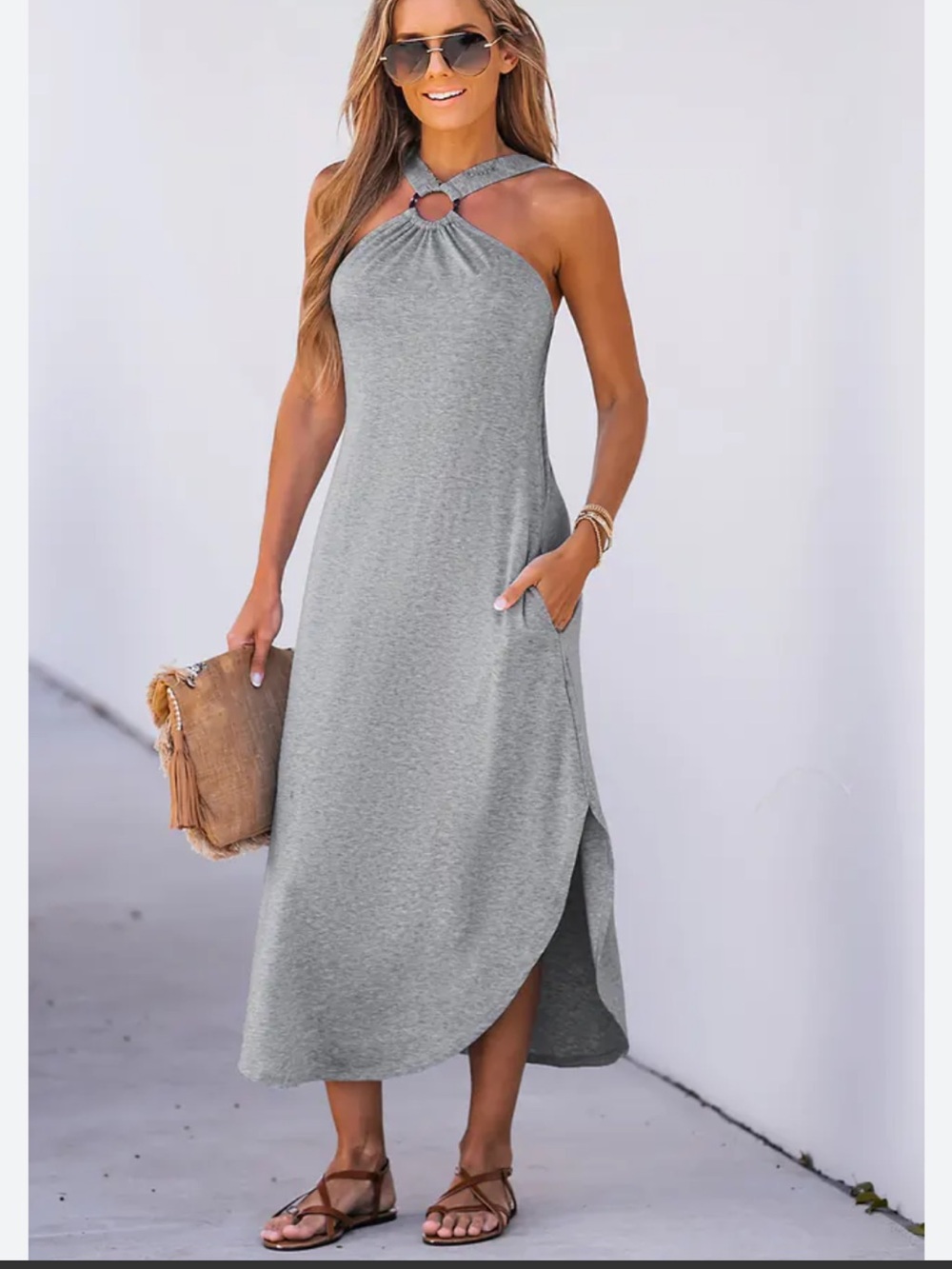 Cupshe Light Gray Halter Maxi Dress with Ring Detail